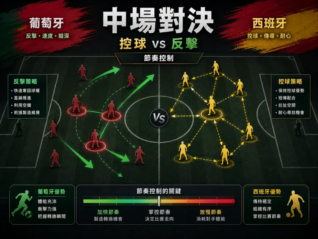 葡萄牙對西班牙中場對決圖，分析控球、反擊與比賽節奏關鍵。