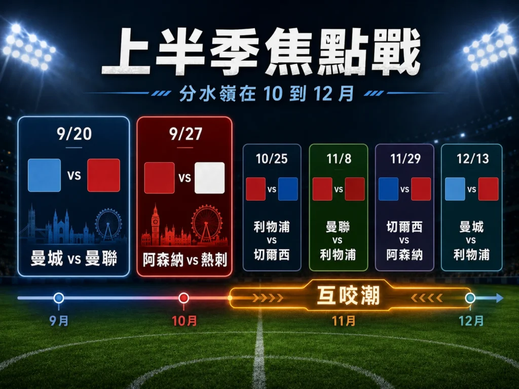 英超2026-27上半季焦點戰整理，包含9月至12月的多場強強對決。