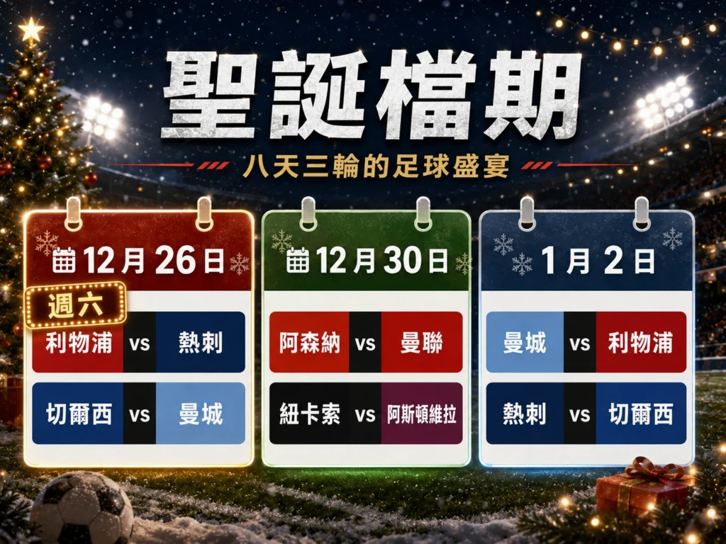 英超聖誕檔期賽程整理，12月底到1月初三輪賽事密集開踢。