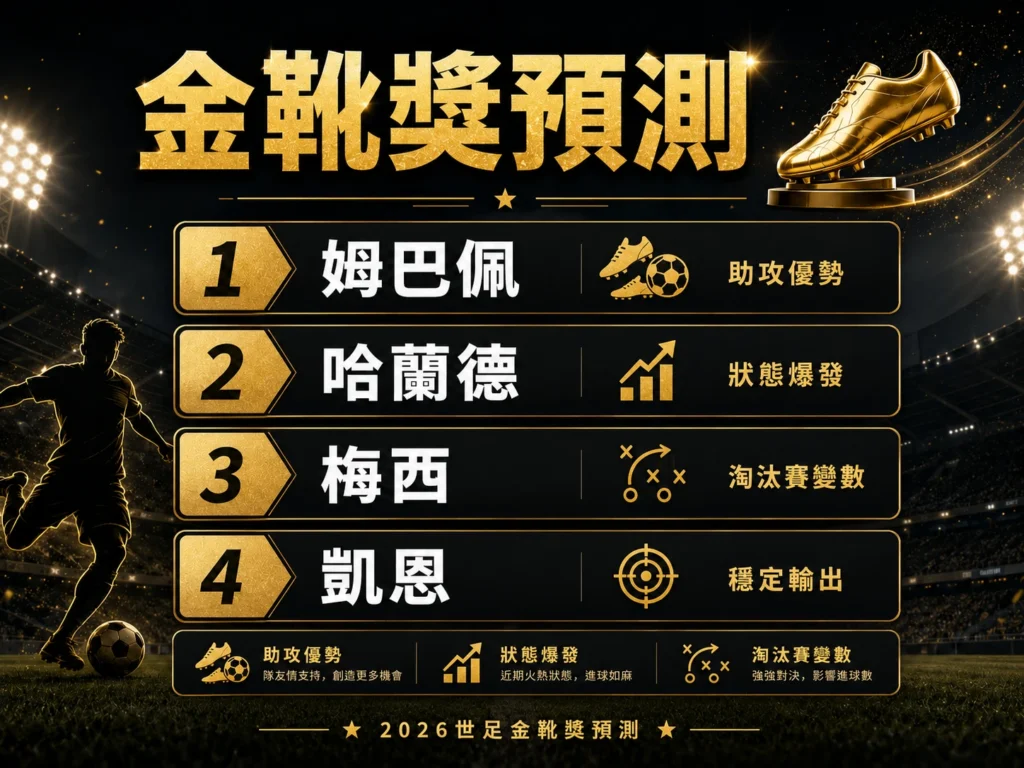 2026世足金靴獎預測圖，整理姆巴佩、哈蘭德、梅西與凱恩的奪獎關鍵。