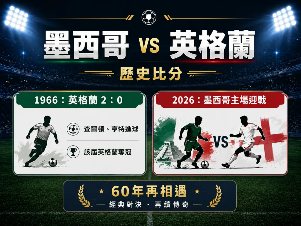 墨西哥對英格蘭歷史比分，整理1966年英格蘭取勝與2026年再次交手。