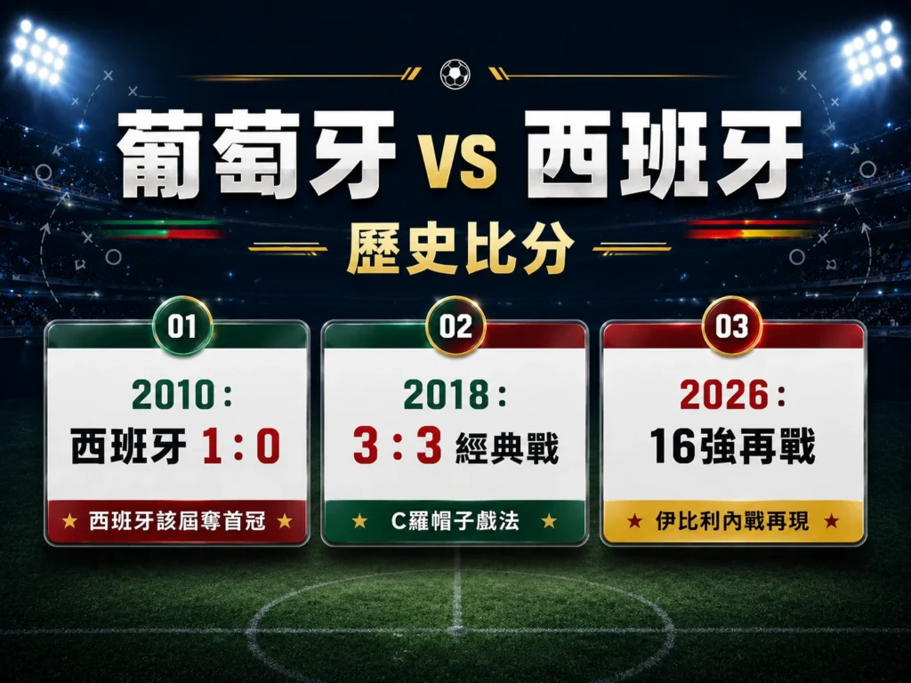葡萄牙對西班牙歷史比分，整理2010、2018與2026年16強再戰重點。